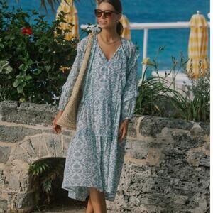 NWT Tuckernuck Dusty Blue Medallion Long Sleeve Ruffle Dress Blue Size Small